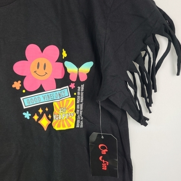 NEW ON Fire Black Fringe Tee "Good Vibes Only Be Happy" Flowers Print SZ 2X NWT - Picture 3 of 7